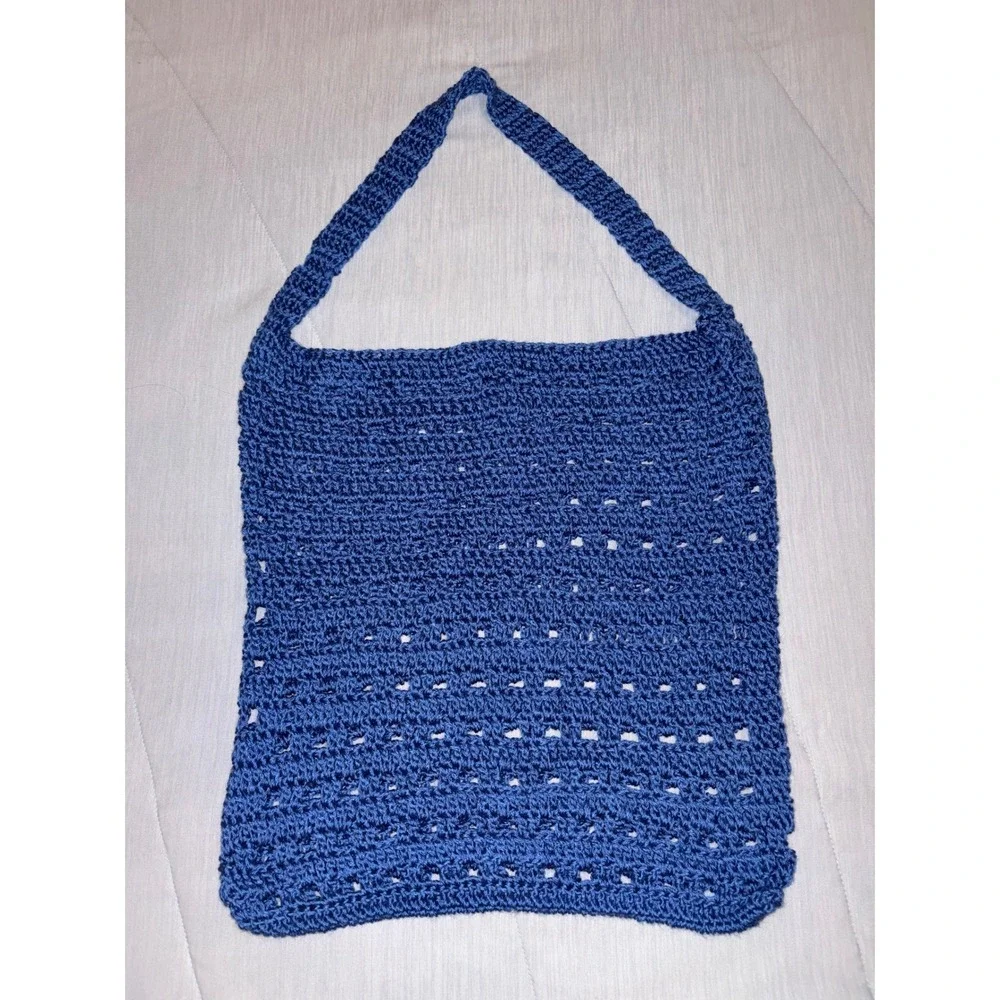 Handmade Crochet Tote Bag Blue Open Weave‎ Beach Market Bag